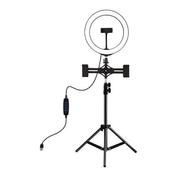 LED žiedinė lempa 26cm, su trikoju stovu iki 1.1m ir 3 telefono laikikliais, USB