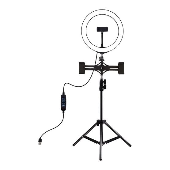 LED žiedinė lempa 26cm, su trikoju stovu iki 1.1m ir 3 telefono laikikliais, USB