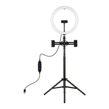 LED žiedinė lempa 30cm, su trikoju stovu iki 165cm ir 3 telefono laikikliais, USB