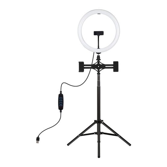 LED žiedinė lempa 30cm, su trikoju stovu iki 165cm ir 3 telefono laikikliais, USB