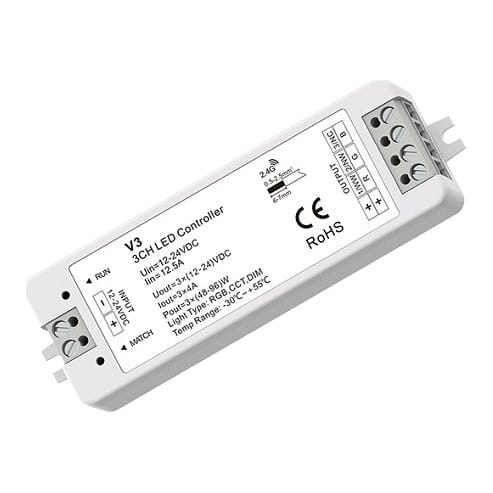 V3 nuolatinės įtampos RGB valdiklis, 12–24 V, 3x 4 A