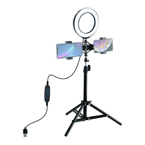 LED žiedinė lempa 16cm, su trikoju stovu iki 70cm ir dvigubu telefono laikikliu, USB